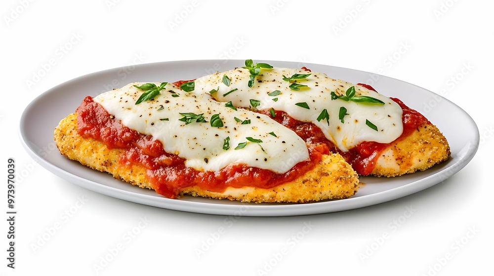 Perfectly Cooked Chicken Parmesan with Melted Mozzarella and Marinara Sauce on a White Background, High Clarity and Sharp Focus Perfectly Cooked Chicken Parmesan with Melted Mozzarella and Marinara Sauce on a White Background, High Clarity and Sharp Focus