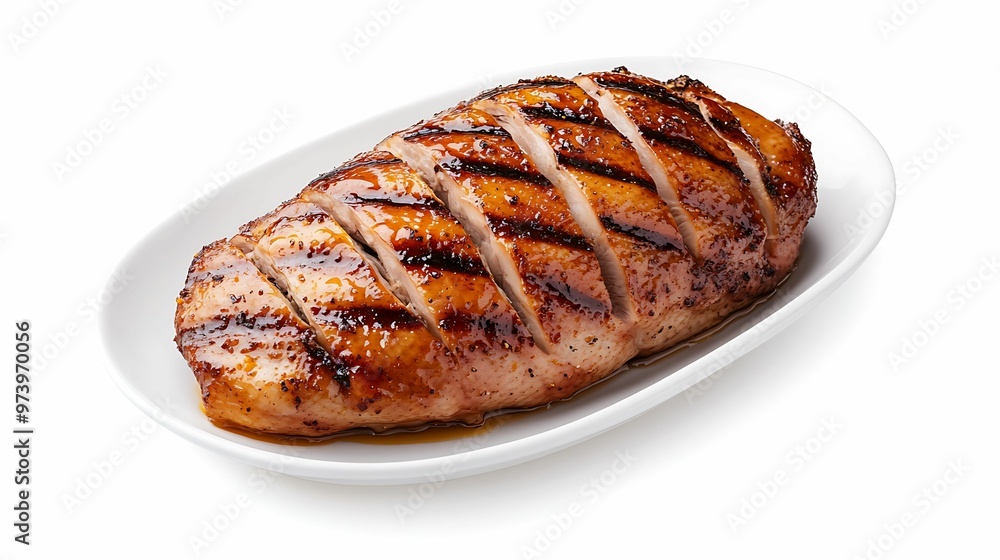 Succulent Roasted Duck Breast with Orange Glaze on White Background, Enhanced with Clear Light and Sharp Focus for Full Detail Succulent Roasted Duck Breast with Orange Glaze on White Background, Enhanced with Clear Light and Sharp Focus for Full Detail