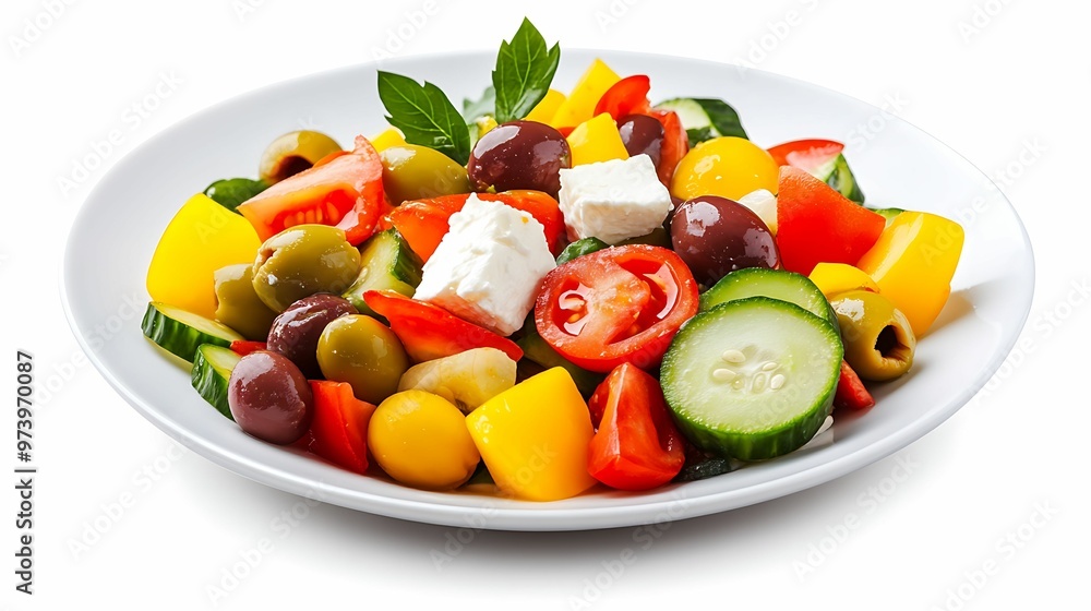 Vibrant Greek Salad on White Background with Olives, Feta, and Cucumbers | Fresh Ingredients in Clear Light and Sharp Focus Vibrant Greek Salad on White Background with Olives, Feta, and Cucumbers | Fresh Ingredients in Clear Light and Sharp Focus