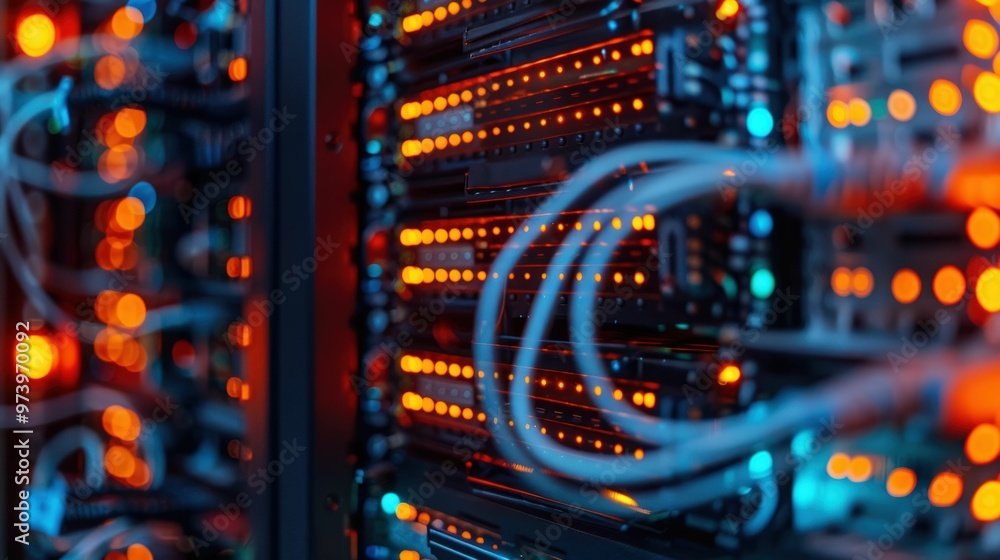 Server Rack Power: A close-up shot of a server rack with glowing lights and connected cables, emphasizing the complexity and power of modern technology.  