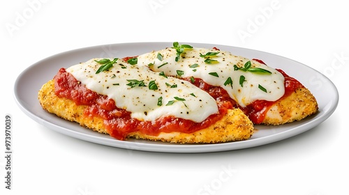 Perfectly Cooked Chicken Parmesan with Melted Mozzarella and Marinara Sauce on a White Background, High Clarity and Sharp Focus