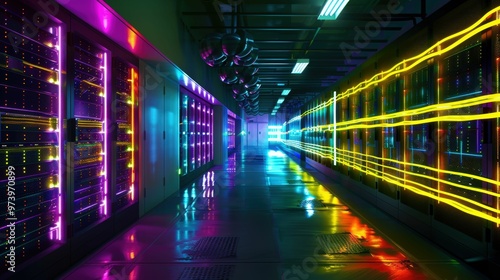 Neon Data Center: A vibrant and futuristic data center hallway bathed in neon lights, showcasing the intricate network of servers and infrastructure that powers modern technology. 