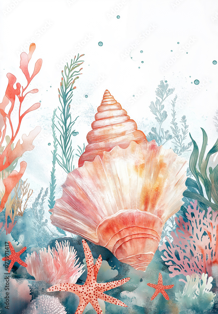Seabed ocean coral shells seaweed starfish white illustration background Seabed ocean coral shells seaweed starfish white illustration background