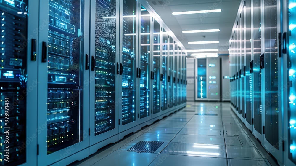 Server Room: A futuristic, high-tech server room, with rows of sleek, high-performance servers, glowing with blue light. The image evokes a sense of innovation, efficiency, and technological advanceme Server Room: A futuristic, high-tech server room, with rows of sleek, high-performance servers, glowing with blue light. The image evokes a sense of innovation, efficiency, and technological advanceme