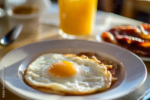 Sunny-Side Up Egg with Crispy Bacon on a White Plate