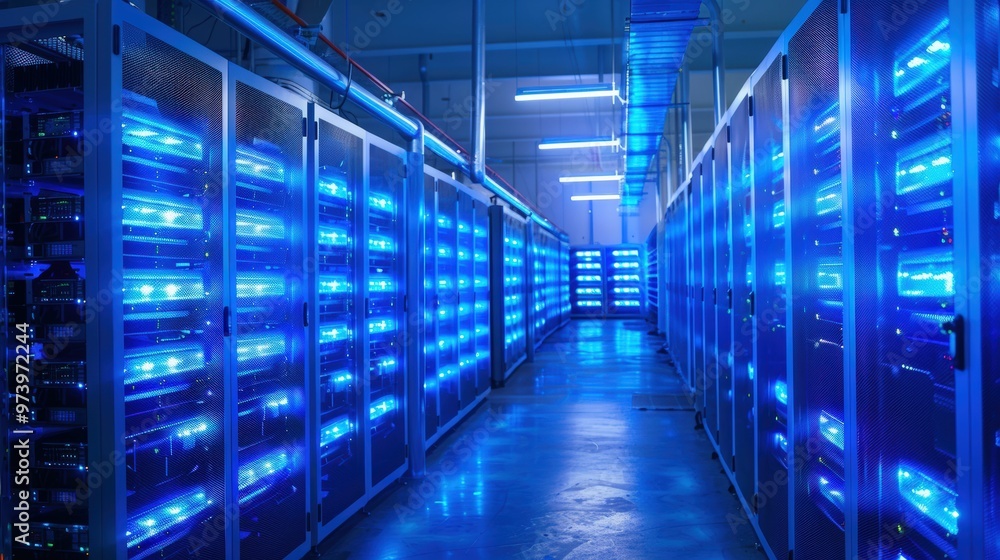 Digital Brain, Blue Hues: A server room bathed in the cool glow of technology, representing the power of data storage and processing in the digital age. Digital Brain, Blue Hues: A server room bathed in the cool glow of technology, representing the power of data storage and processing in the digital age.