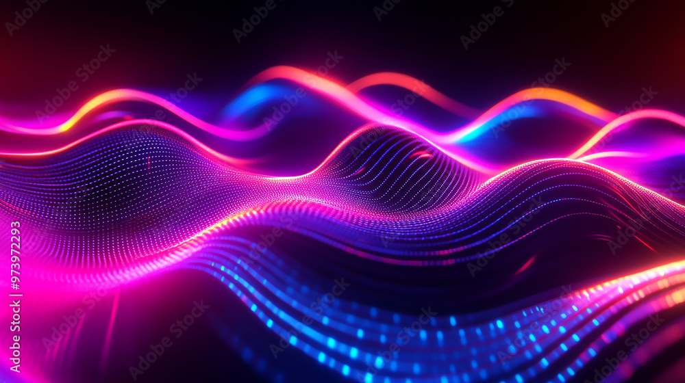 Naklejka premium Abstract Neon Waves - Digital Landscape Abstract, Blue and Purple Gradient Background with Wavy Dots and Soft Glow 