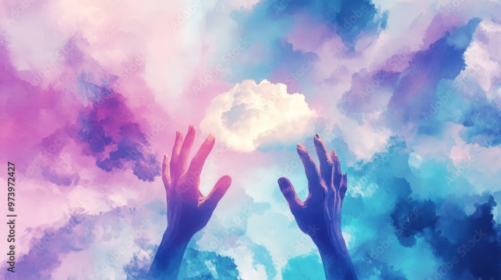 A vibrant illustration of hands reaching toward a cloud in a colorful sky, symbolizing hope and dreams. A vibrant illustration of hands reaching toward a cloud in a colorful sky, symbolizing hope and dreams.