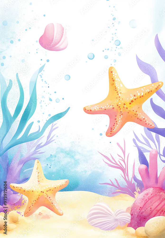 Seabed ocean coral shells seaweed starfish white illustration background Seabed ocean coral shells seaweed starfish white illustration background