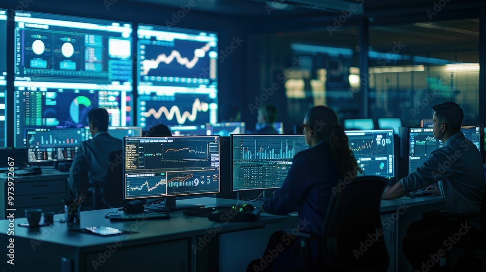 Command Center Under Pressure: A team of financial analysts work late into the night, illuminated by the glow of multiple monitors displaying complex data visualizations. Command Center Under Pressure: A team of financial analysts work late into the night, illuminated by the glow of multiple monitors displaying complex data visualizations.