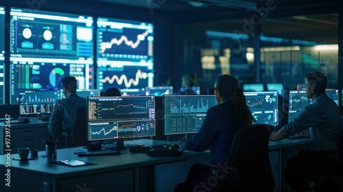 Command Center Under Pressure: A team of financial analysts work late into the night, illuminated by the glow of multiple monitors displaying complex data visualizations. 