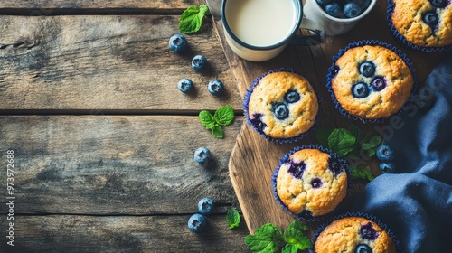 Above view with copyspace of freshly made blueberry muffins in a rustic environment with milk and coffee on the table