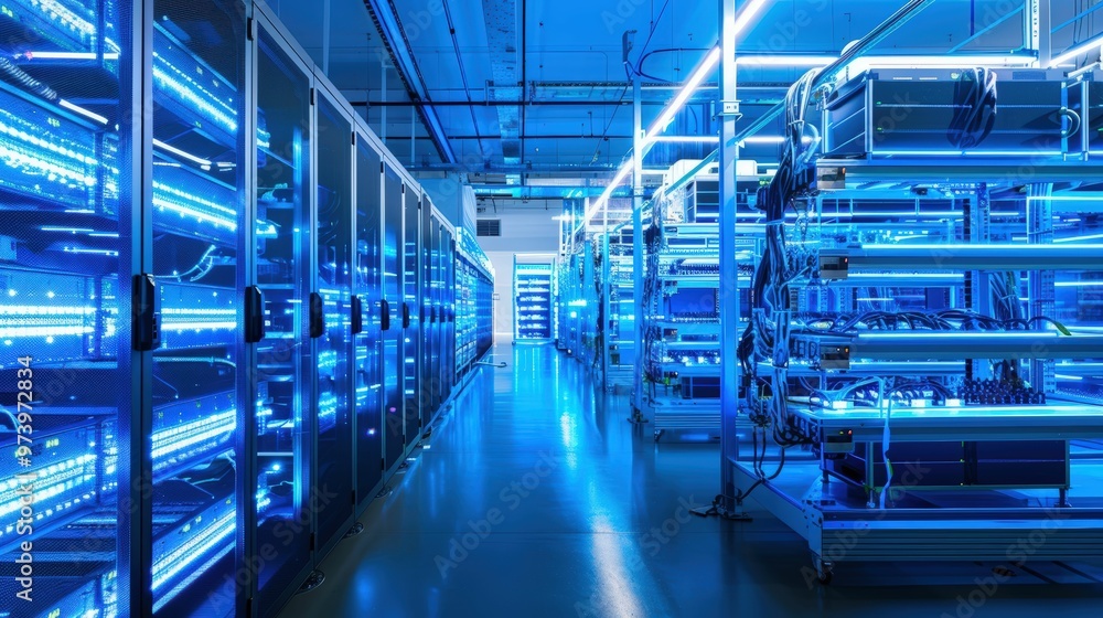 Digital Brain Hub: Rows of servers pulse with blue light, illuminating the power of modern data storage and processing in this captivating technological scene. Digital Brain Hub: Rows of servers pulse with blue light, illuminating the power of modern data storage and processing in this captivating technological scene.