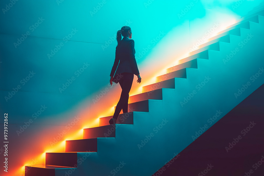 Woman ascending illuminated stairs in a modern, abstract setting. Woman ascending illuminated stairs in a modern, abstract setting.