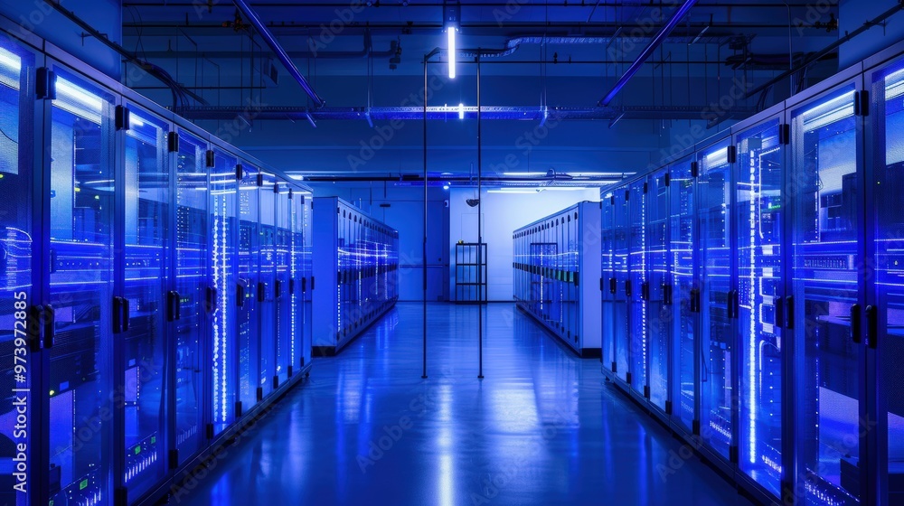 Blue Hues of Digital Power: A mesmerizing view of a server room, bathed in cool blue light, showcasing the intricate network of technology that powers our digital world. Blue Hues of Digital Power: A mesmerizing view of a server room, bathed in cool blue light, showcasing the intricate network of technology that powers our digital world.
