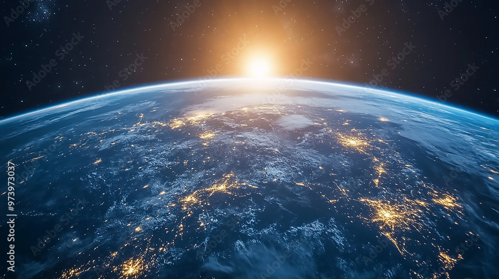 Glowing city lights, light clouds. Panoramic view on planet Earth globe from space Glowing city lights, light clouds. Panoramic view on planet Earth globe from space