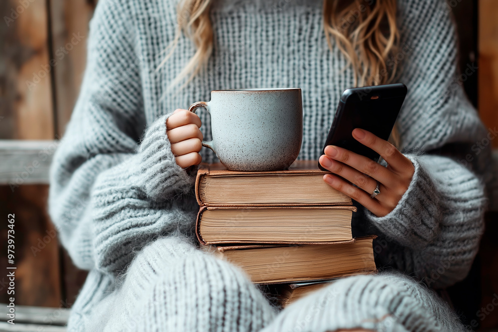 Cozy scene of a person in a gray sweater holding a mug and smartphone, with a stack of books on a wooden background. Cozy scene of a person in a gray sweater holding a mug and smartphone, with a stack of books on a wooden background.