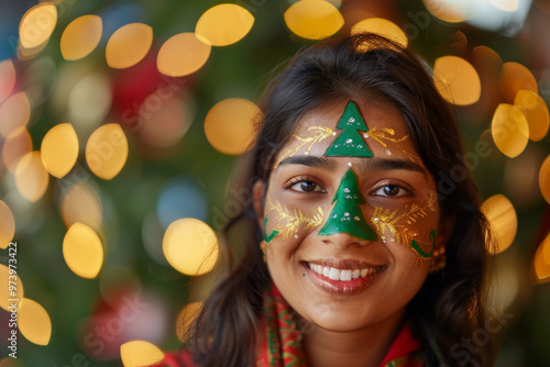 holiday greeting card with Christmas smiling indian woman with painted gold and green christmas tree on face, festive background