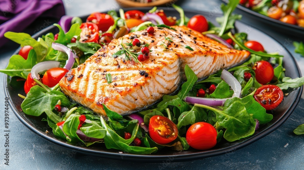 Grilled salmon on a bed of mixed greens, cherry tomatoes, and red onions, a healthy and flavorful dish perfect for a meal banner Grilled salmon on a bed of mixed greens, cherry tomatoes, and red onions, a healthy and flavorful dish perfect for a meal banner