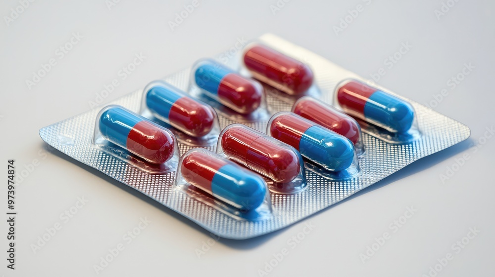A close-up of blue and red capsules arranged neatly on a blister pack, highlighting the design and color of the medication. A close-up of blue and red capsules arranged neatly on a blister pack, highlighting the design and color of the medication.