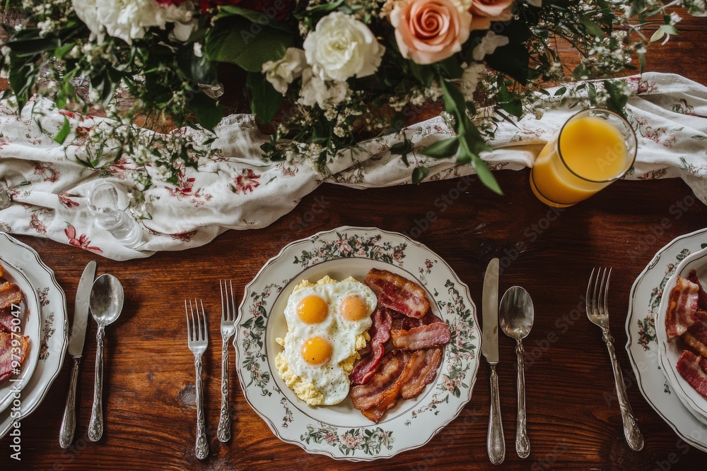 Fototapeta premium Classic Breakfast with Fried Eggs and Bacon