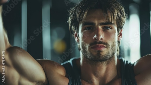 A confident man showcasing strength and determination during a workout in a gym environment, emphasizing fitness and health. photo