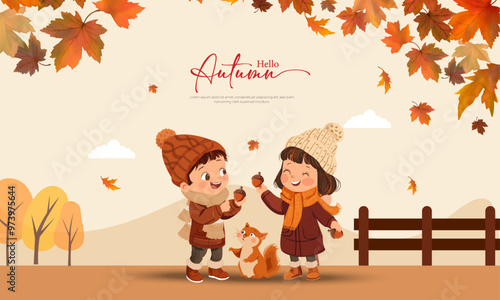 Hello autumn kids enjoying autumn nature. abstract vector illustration design. Mid Autumn Festival Greeting illustration,