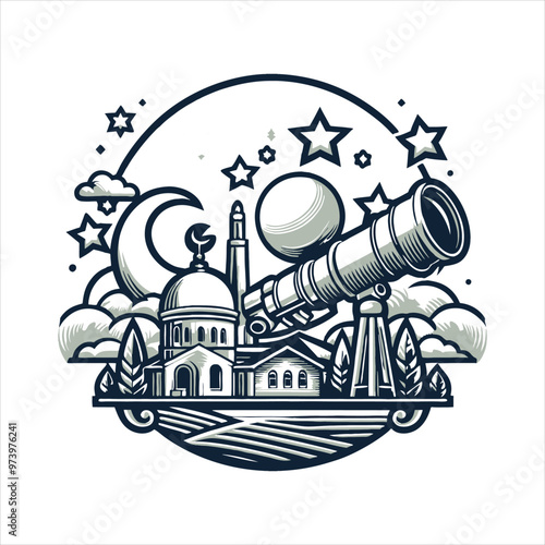 Telescope and observatory under the night sky with stars and planets vector