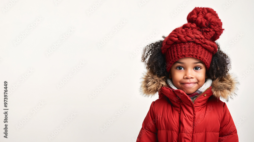 A cute and happy African American black girl dressing in red winter clothes on a plain white background with copy space for text. A cute and happy African American black girl dressing in red winter clothes on a plain white background with copy space for text.