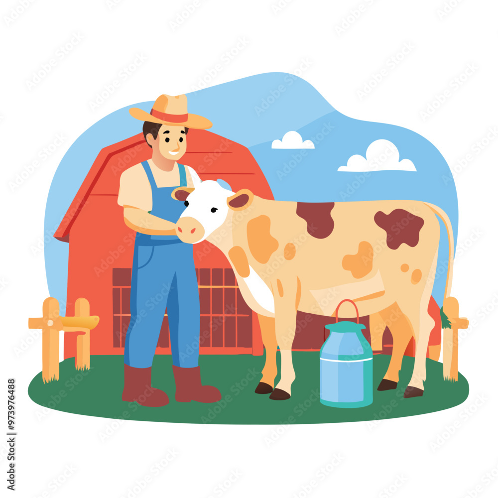 Naklejka premium Farmer milking a cow in a farm with the background of a barn