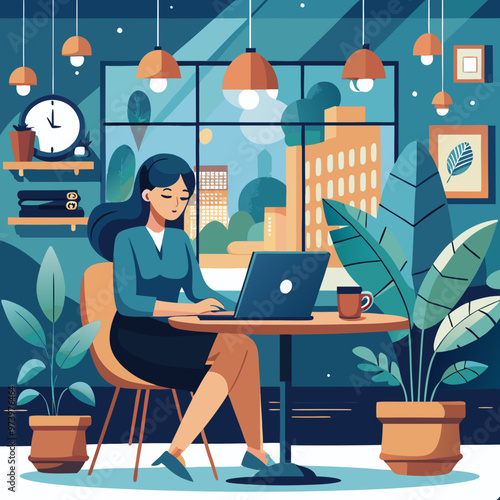 Lady working on a laptop in a chic caf� with plants and lights