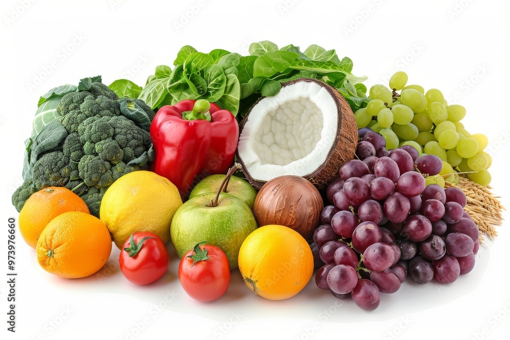 Hyper-realistic pile of fresh fruits and vegetables, including bananas, oranges, grapes, coconuts, tomatoes, bell peppers, and more, isolated on a white background. Hyper-realistic pile of fresh fruits and vegetables, including bananas, oranges, grapes, coconuts, tomatoes, bell peppers, and more, isolated on a white background.