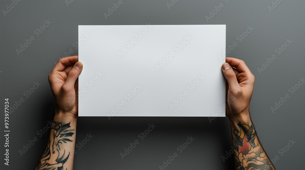 A blank white A4 paper held by two hands with tattoos, the background is gray and clean A blank white A4 paper held by two hands with tattoos, the background is gray and clean