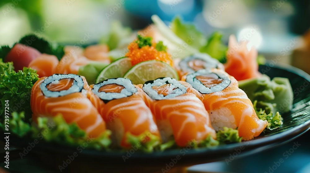 Freshly prepared sushi and sashimi platter with salmon, vegetables, and wasabi on a wooden table, featuring close-up focus and a background blur effect. Japanese cuisine and culinary art concepts. Freshly prepared sushi and sashimi platter with salmon, vegetables, and wasabi on a wooden table, featuring close-up focus and a background blur effect. Japanese cuisine and culinary art concepts.