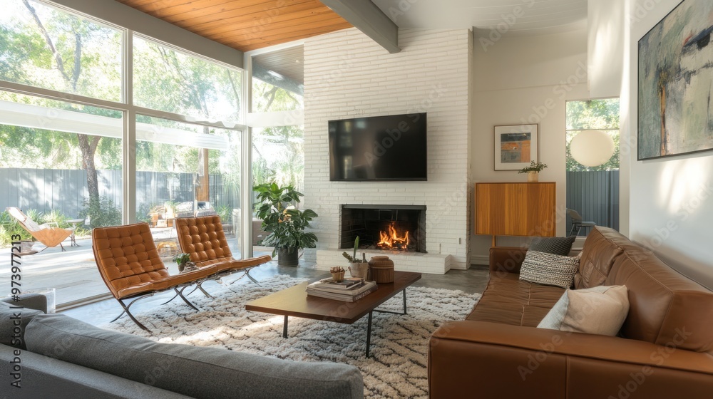Fototapeta premium Fireplace Focus with Modern Seating