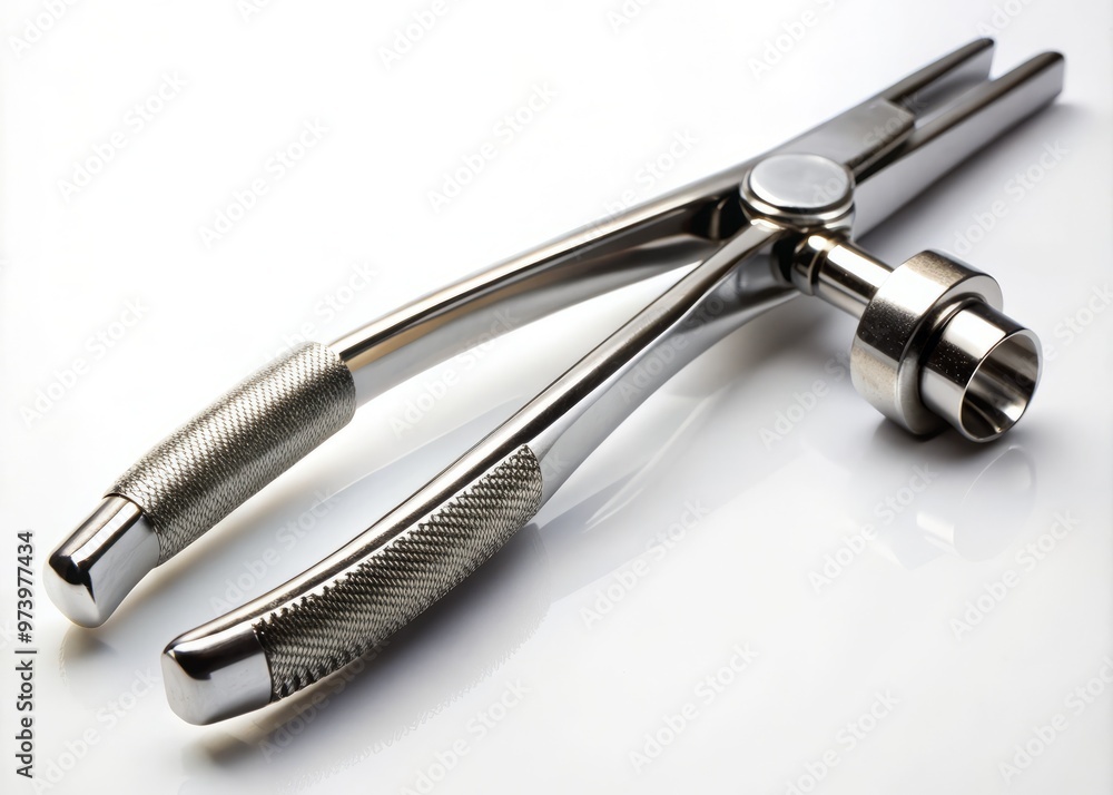 A stainless steel medical instrument with a curved end and adjustable jaws lies on a clean white surface, A stainless steel medical instrument with a curved end and adjustable jaws lies on a clean white surface,