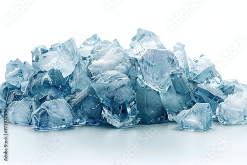 High-resolution pile of light blue ice crystals with transparent background and white space in the middle, front view, PNG format.