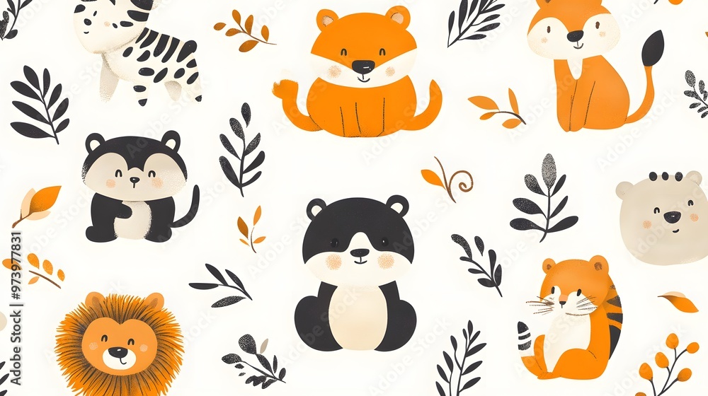 Obraz premium Colorful Cartoon Animal and Leaf Pattern