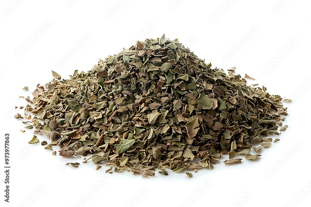 Heap of dried oregano leaves isolated on white background. Heap of dried oregano leaves isolated on white background.