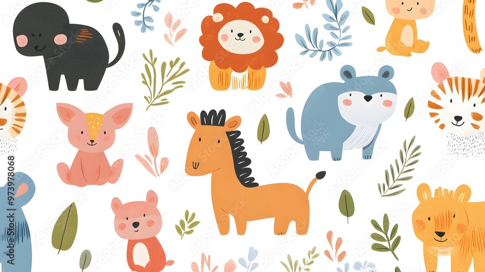 Naklejka premium Colorful Cartoon Animals and Leaves Seamless Pattern