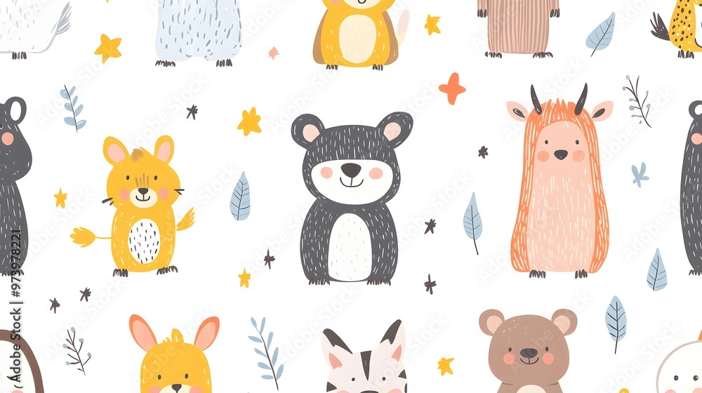 Obraz premium Seamless Pattern with Cute Cartoon Animals on a White Background