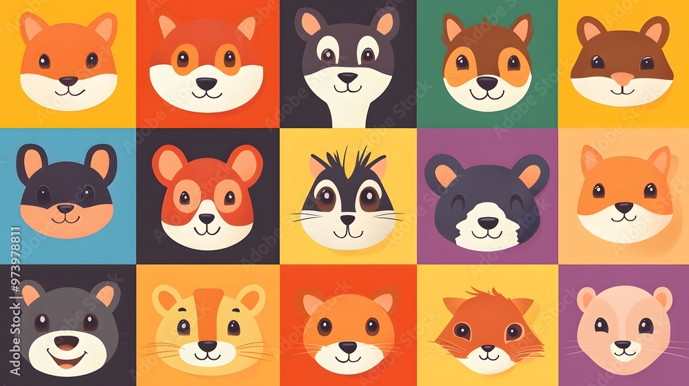A Collection of Cute Cartoon Animal Faces with Different Fur Colors and Expressions A Collection of Cute Cartoon Animal Faces with Different Fur Colors and Expressions