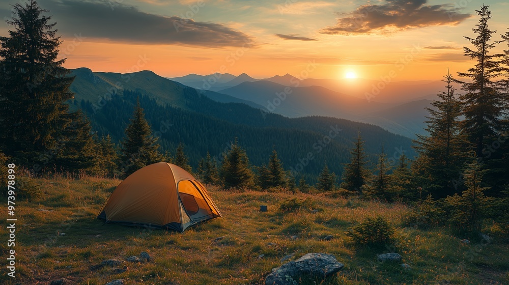 A tent is set up on the grassy slopes of mountains, with trees and pines in the background A tent is set up on the grassy slopes of mountains, with trees and pines in the background