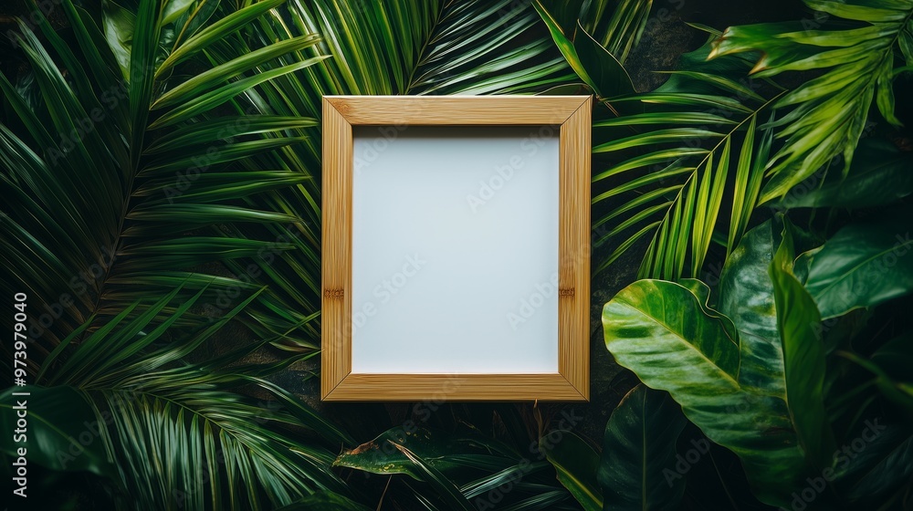 A wooden picture frame with blank white paper inside is placed on top of bamboo leaves A wooden picture frame with blank white paper inside is placed on top of bamboo leaves