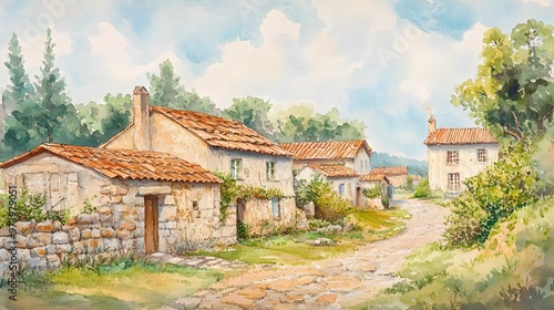 Wallpaper Mural Tranquil 19th century European countryside with green hills, cobbled streets and quaint stone cottages, immortalized in watercolor on canvas Torontodigital.ca