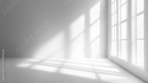 White studio background designed for product presentation, set in an empty gray room with window shadows and a blurred backdrop 