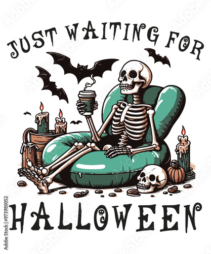 just waiting for halloween funny skeleton relaxing and drink coffee swimming Pumpkins T-Shirt design vector,
halloween, waiting, pumpkins, spooky, spirit, funny, design, quote, t-shirt,