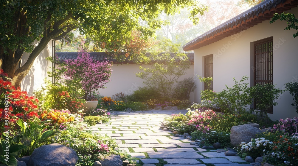 Chinese style courtyard, small garden landscape design with white walls and green tiles on the house wall Chinese style courtyard, small garden landscape design with white walls and green tiles on the house wall