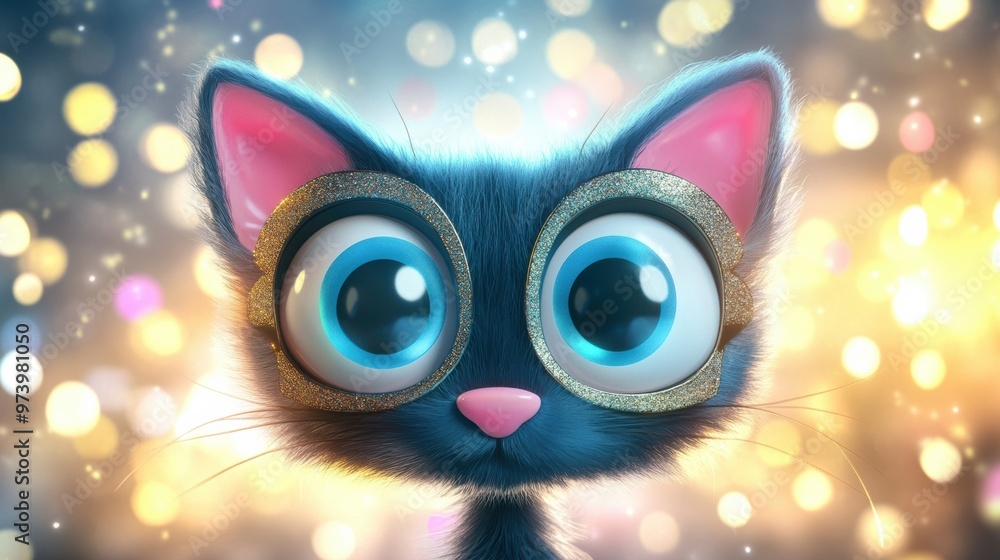 Enchanting Cartoon Kitten in Glittering Magical Backdrop Enchanting Cartoon Kitten in Glittering Magical Backdrop