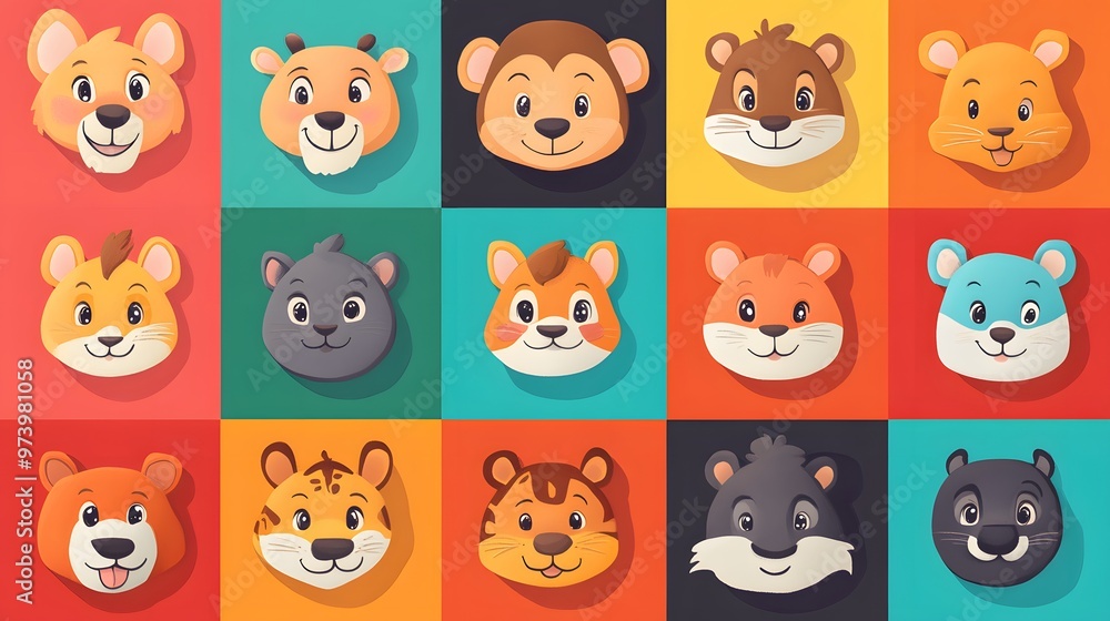 A Colorful Grid of Cartoon Animal Faces A Colorful Grid of Cartoon Animal Faces